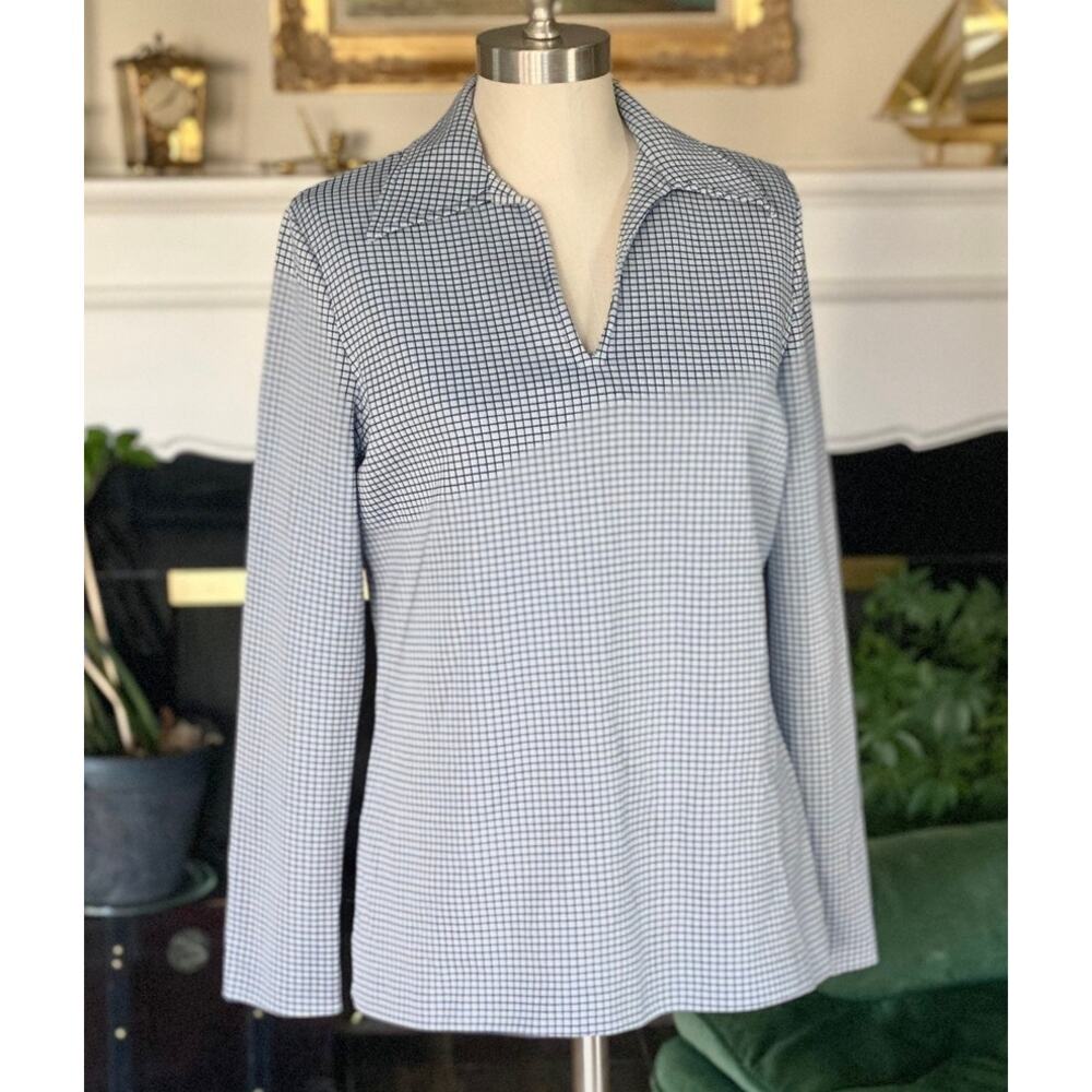 Vintage Knit Shirt, Dagger Collar, Stretchy 70s Polyester, Blue White, Size M